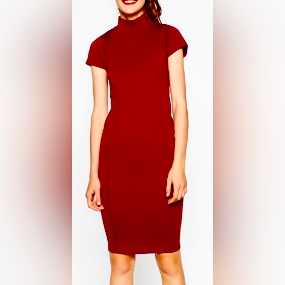 Zara Short Sleeve Mock Neck Long Pencil Dress in Brick Red. ZB3